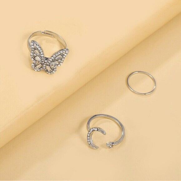 Silver Alloy Plated Fashion Rhinestone Butterfly Moon Star Ring Trio - Picture 5 of 8